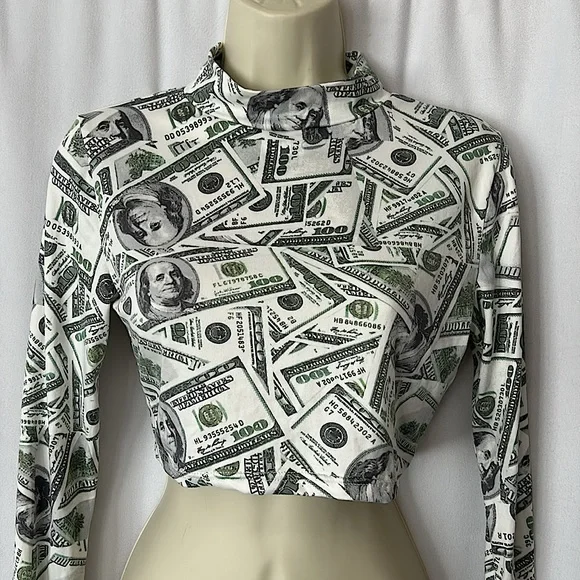 Cherry Mellow $100 Bills Long Sleeve Crop Top Shirt **Size M** 💵💵 - Picture 3 of 4